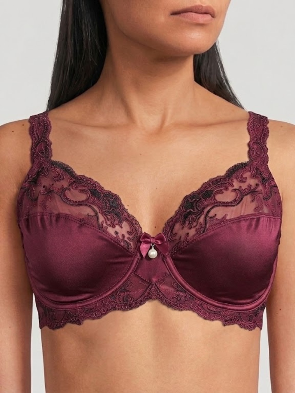 Modern Movements Embroidered Satin Underwire Bra in Wine